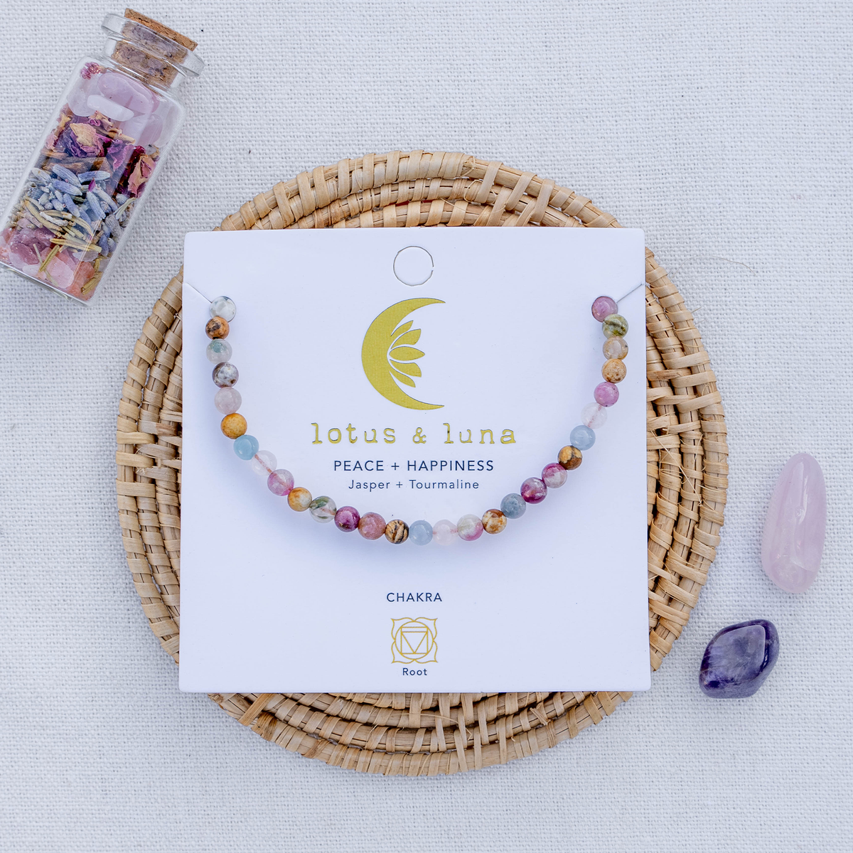 Lotus and Luna beaded jewelry featuring colorful semi-precious stones