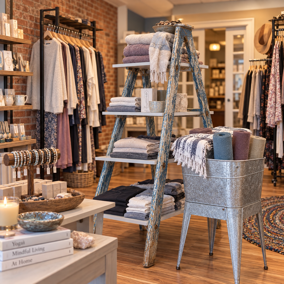 Foundations Boutique interior with clothing, jewelry, gifts, and accessories displayed throughout the shop.
