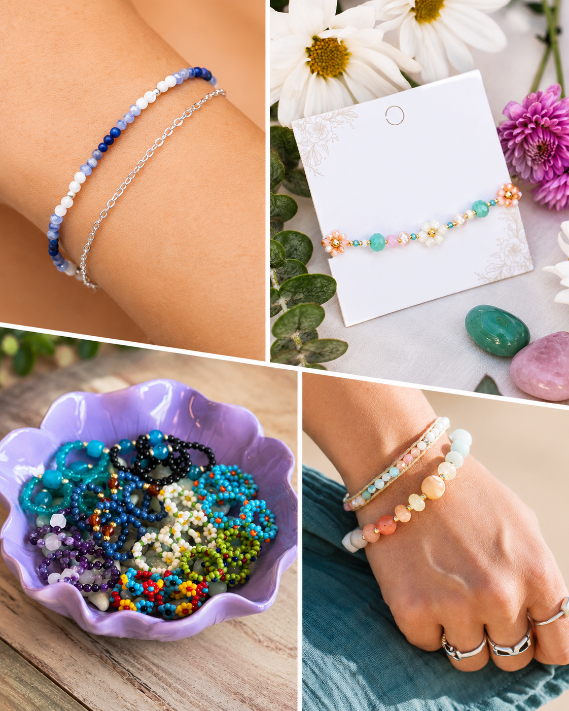 Collage of colorful beaded bracelets, natural stone jewelry, and rings