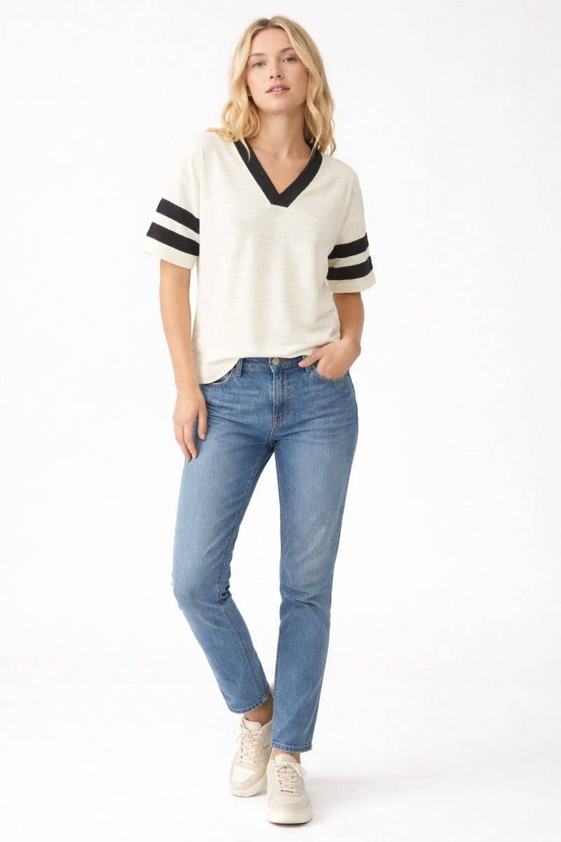 Bombom: Vintage Wash V-neck Contrast Sleeve Top