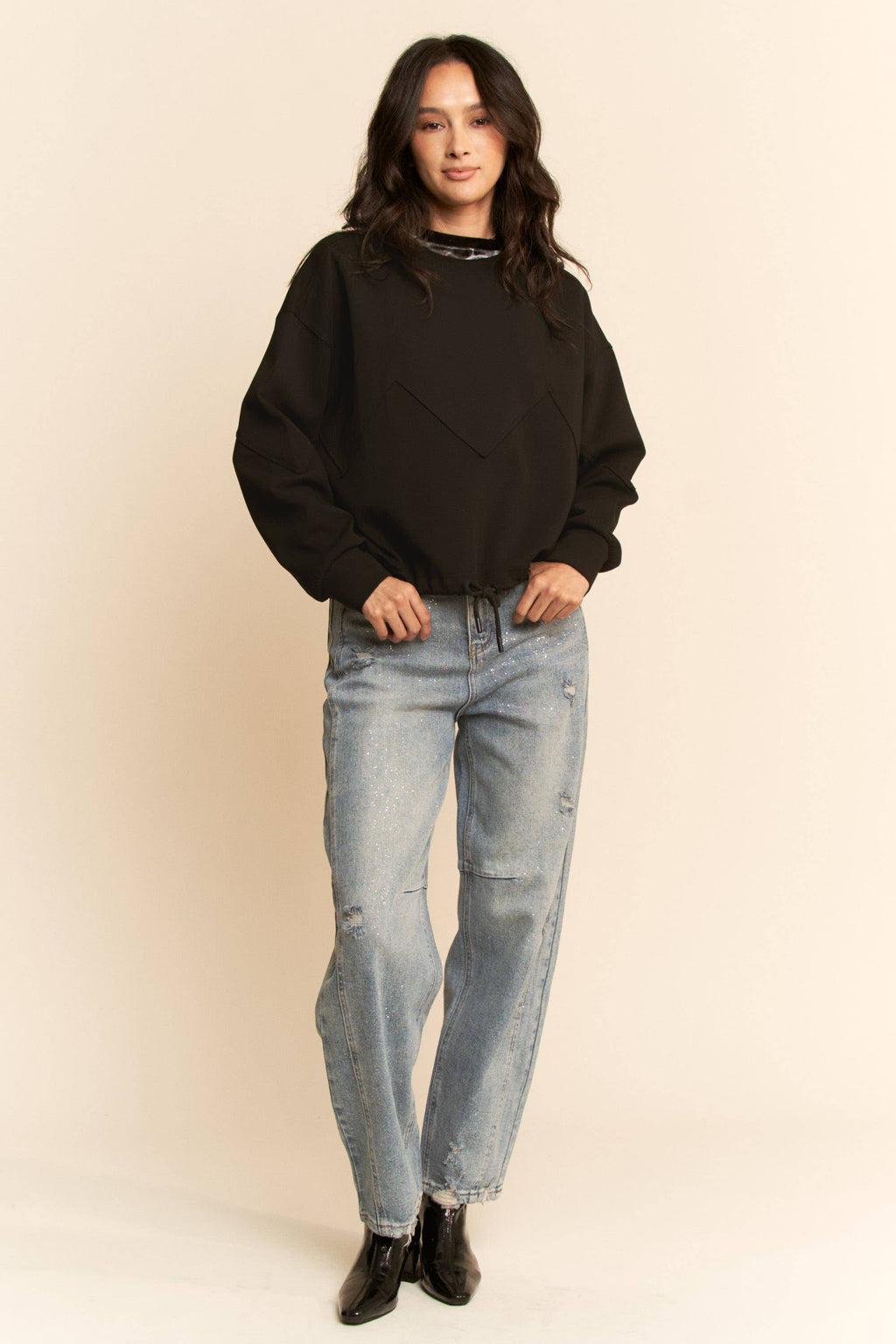 Davi & Dani: Zigzag Seam Drawstring Hem Sweatshirt