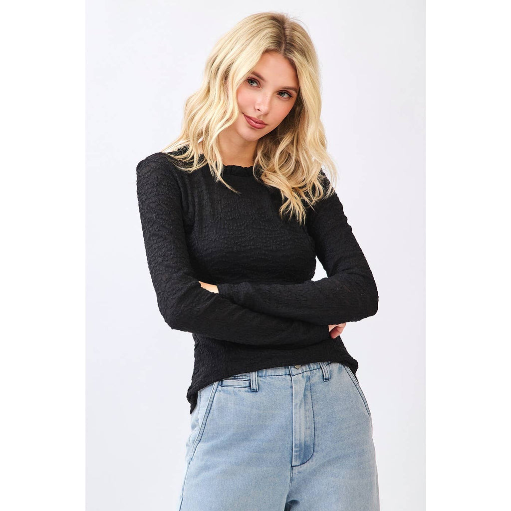 MITTOSHOP: LACE LONG SLEEVE RUFFLE NECK LAYERING TOP