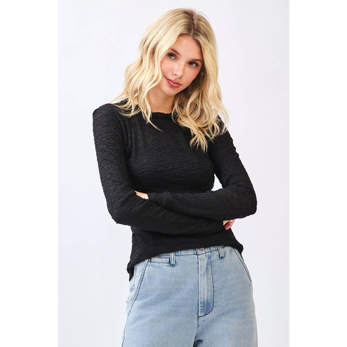 MITTOSHOP: LACE LONG SLEEVE RUFFLE NECK LAYERING TOP