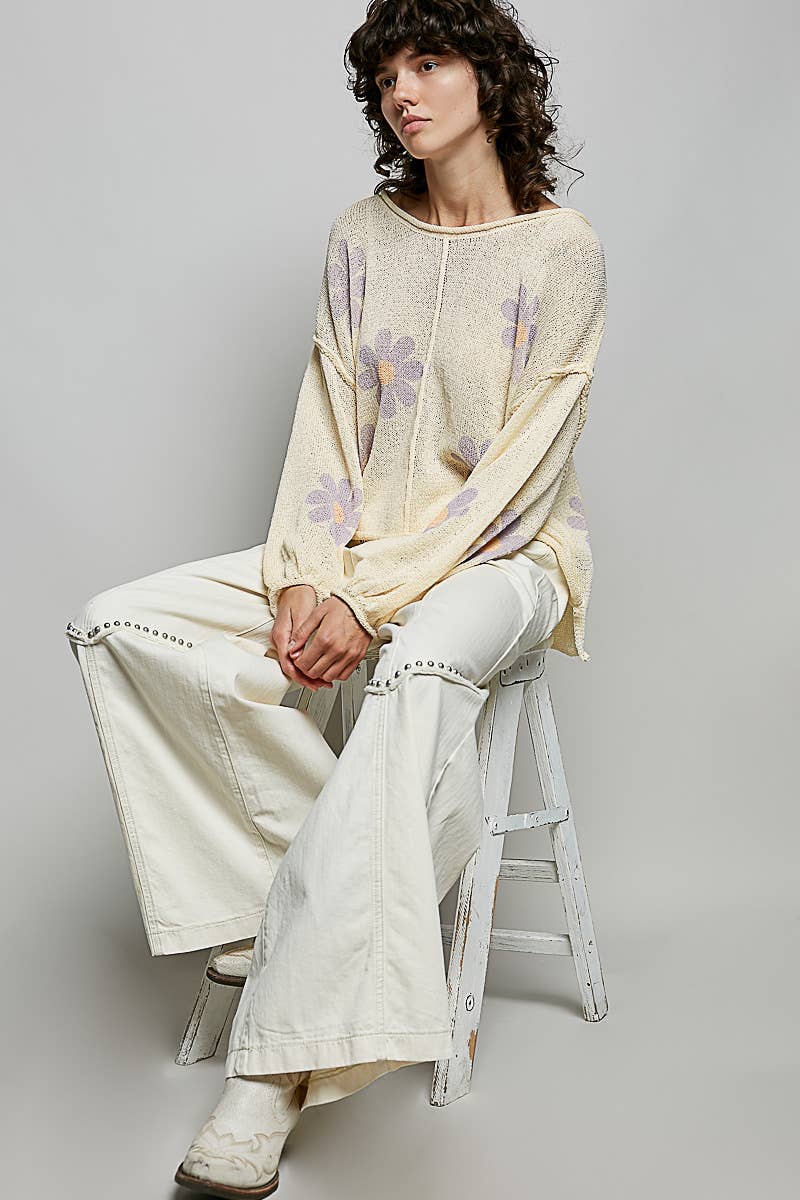 POL: Round Neck Balloon Sleeve Floral Print Thin Sweater