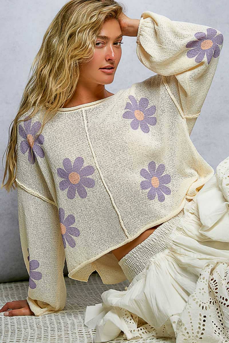 POL: Round Neck Balloon Sleeve Floral Print Thin Sweater