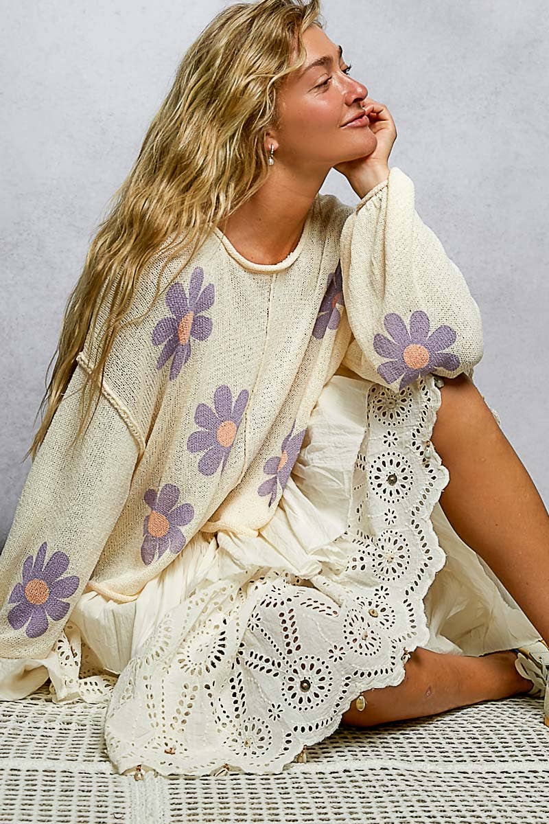 POL: Round Neck Balloon Sleeve Floral Print Thin Sweater