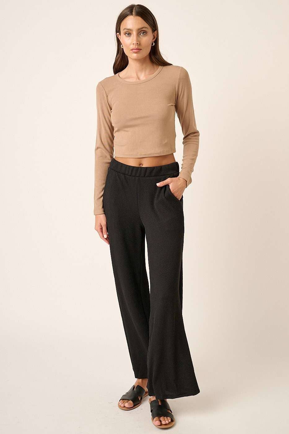 MITTOSHOP: RIB KNIT TEXTURE ELASTIC WAIST WIDE LEG PANTS