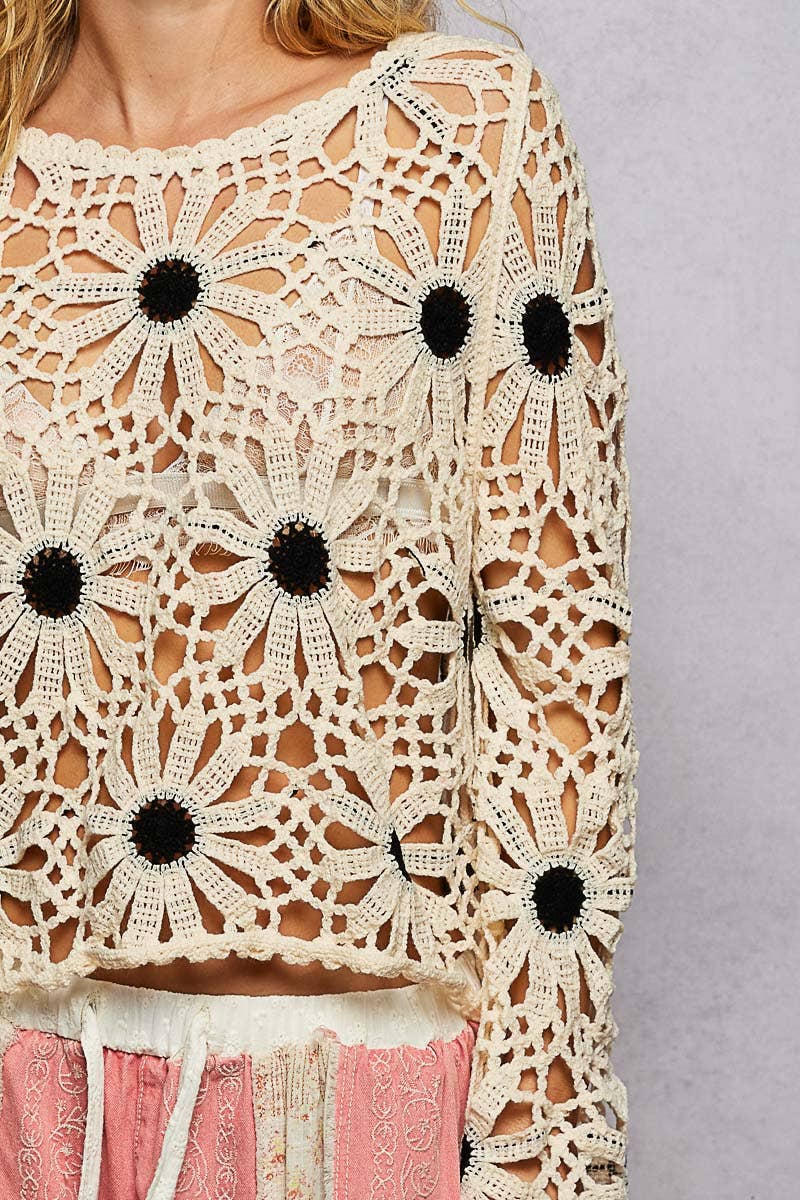 Pol clothing: Floral Weave Round Neck Long Sleeve Crochet Top