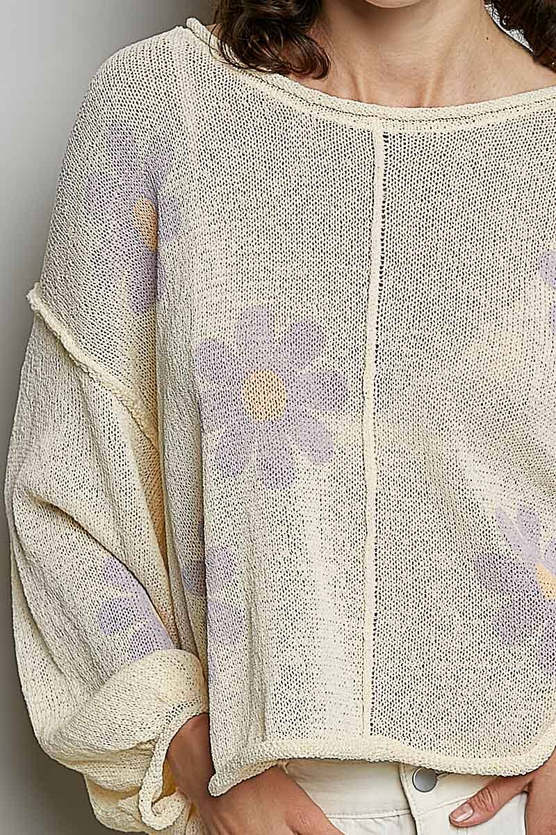 POL: Round Neck Balloon Sleeve Floral Print Thin Sweater