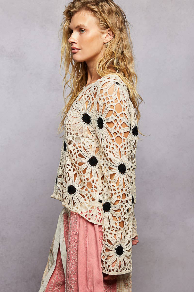 Pol clothing: Floral Weave Round Neck Long Sleeve Crochet Top