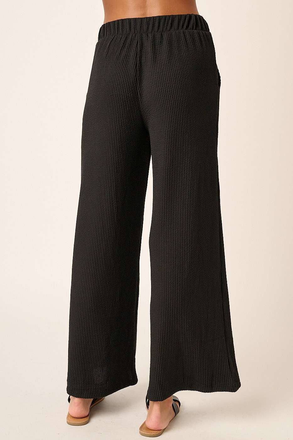 MITTOSHOP: RIB KNIT TEXTURE ELASTIC WAIST WIDE LEG PANTS