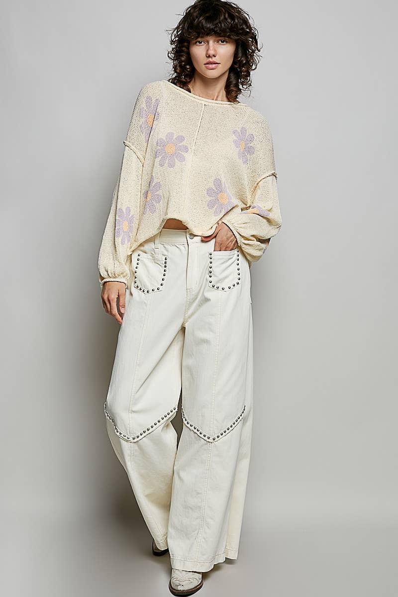 POL: Round Neck Balloon Sleeve Floral Print Thin Sweater