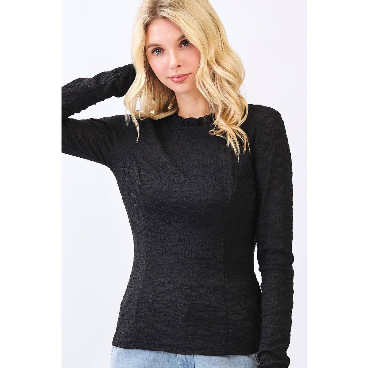 MITTOSHOP: LACE LONG SLEEVE RUFFLE NECK LAYERING TOP