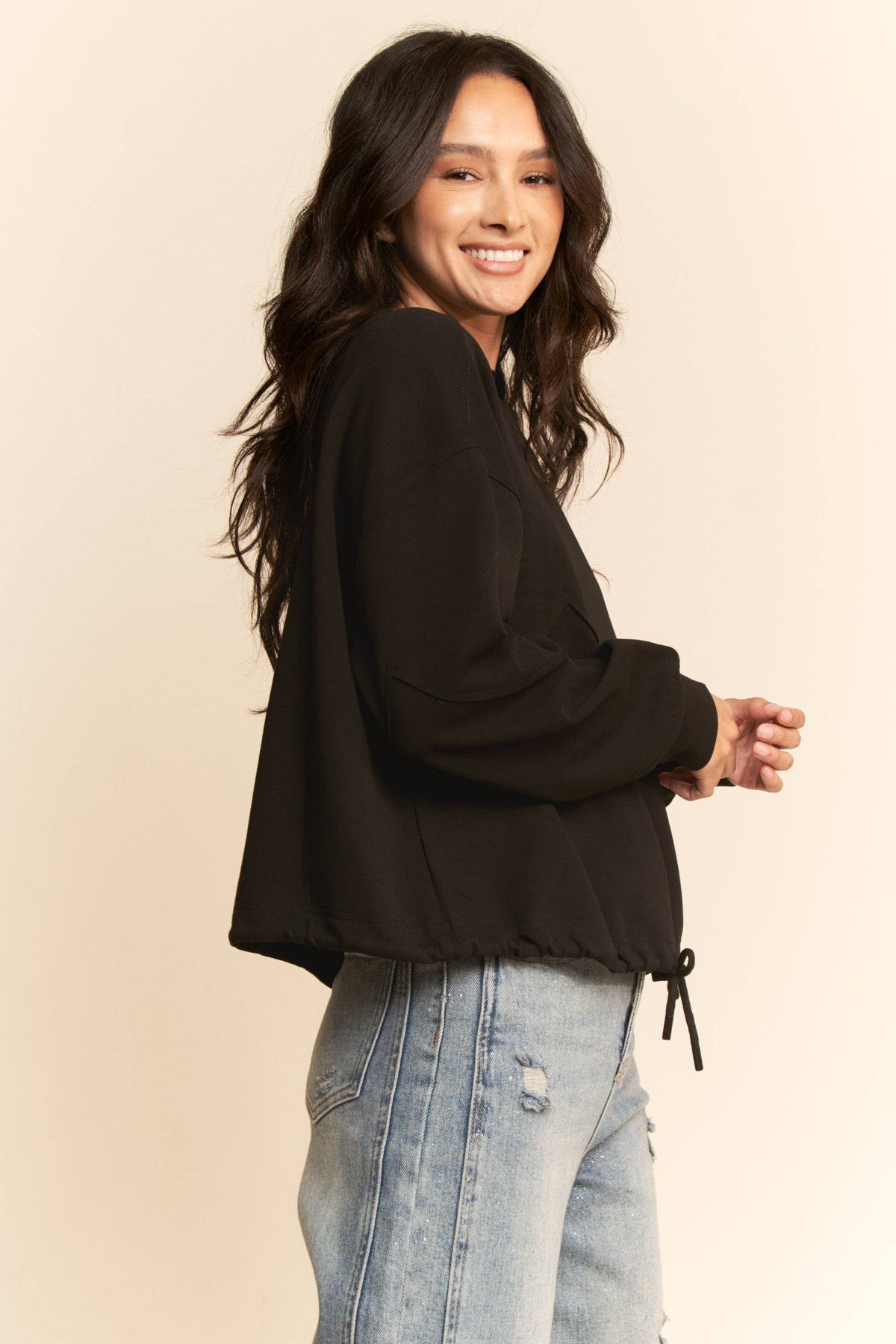 Davi & Dani: Zigzag Seam Drawstring Hem Sweatshirt