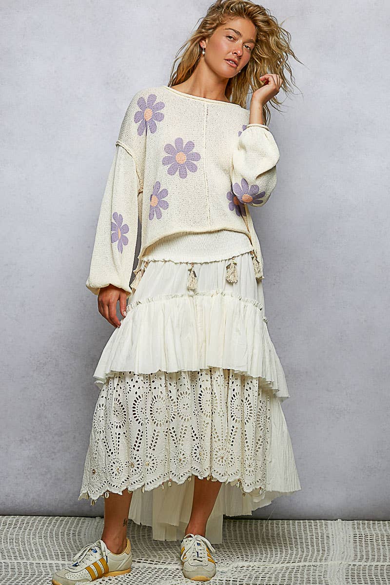 POL: Round Neck Balloon Sleeve Floral Print Thin Sweater