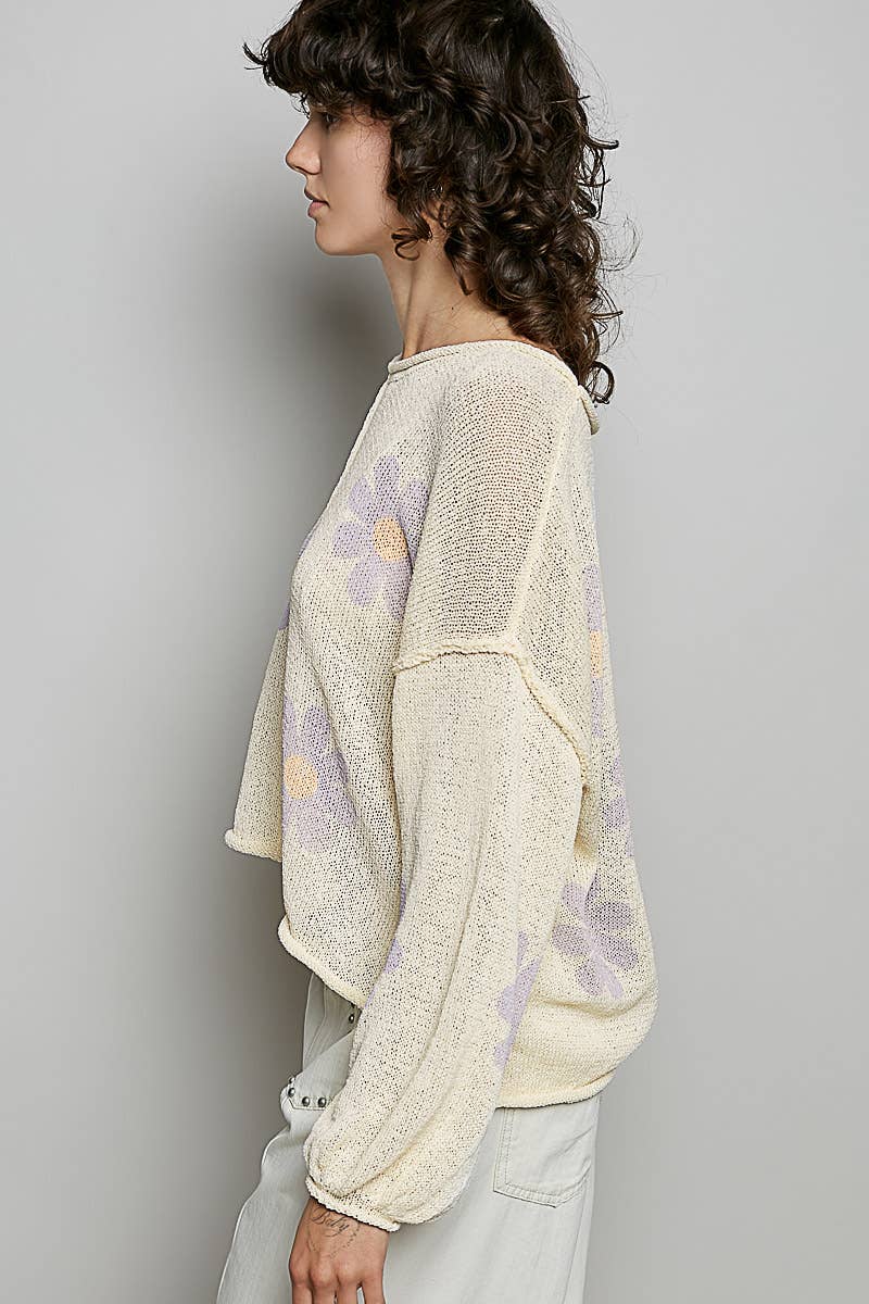 POL: Round Neck Balloon Sleeve Floral Print Thin Sweater