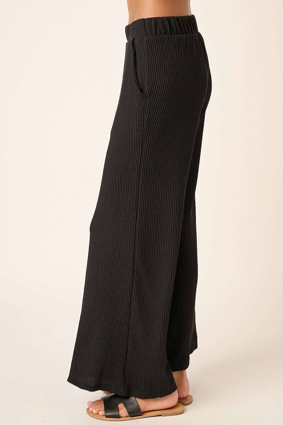 MITTOSHOP: RIB KNIT TEXTURE ELASTIC WAIST WIDE LEG PANTS