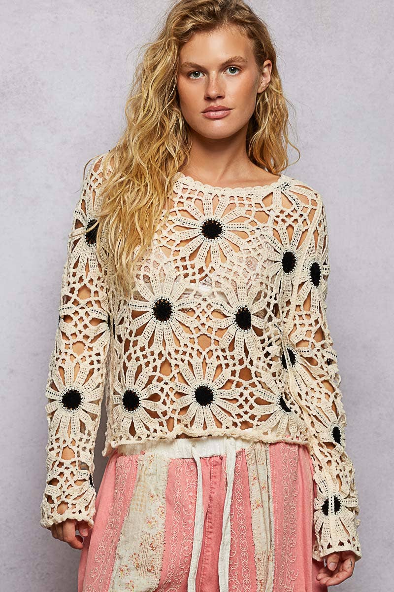 Pol clothing: Floral Weave Round Neck Long Sleeve Crochet Top
