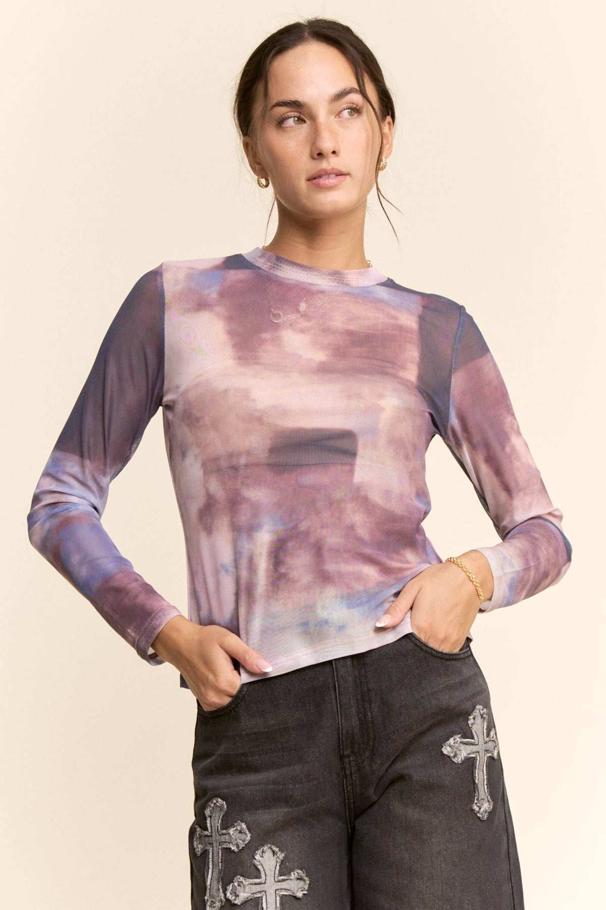 Davi & Dani women’s sheer mesh long-sleeve layering top with blue, lavender and soft abstract print.