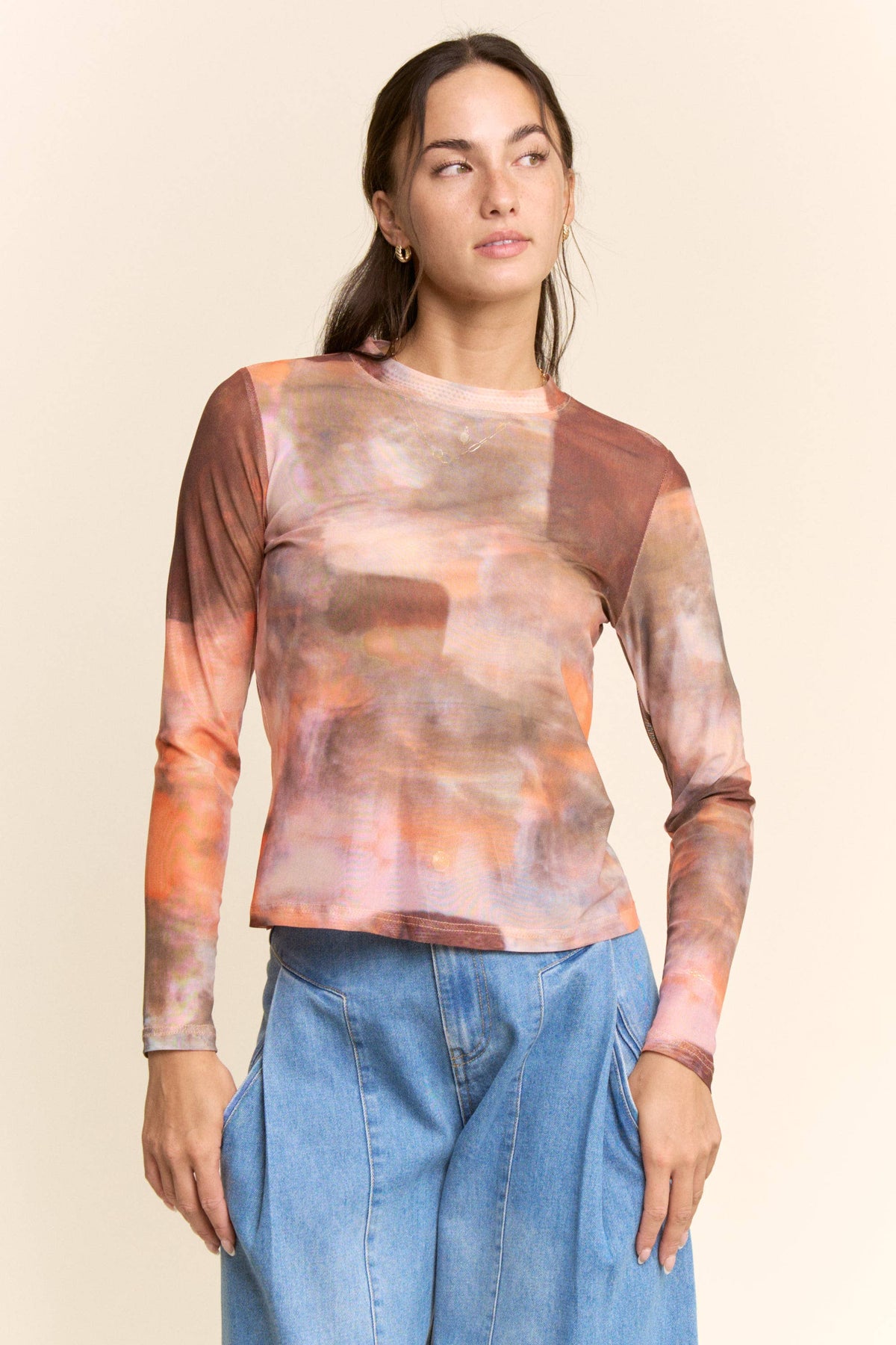 Davi & Dani women’s orange abstract print sheer mesh long-sleeve layering top.