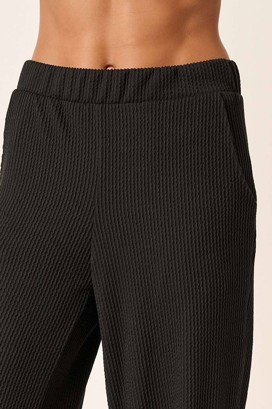 MITTOSHOP: RIB KNIT TEXTURE ELASTIC WAIST WIDE LEG PANTS