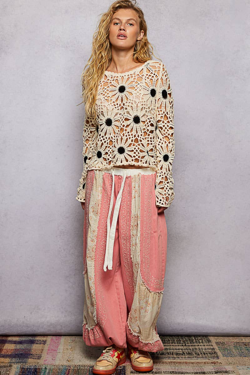 Pol clothing: Floral Weave Round Neck Long Sleeve Crochet Top