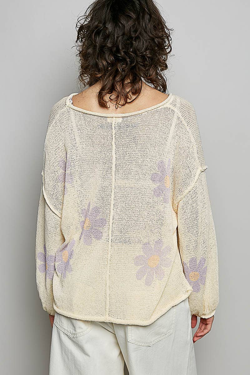 POL: Round Neck Balloon Sleeve Floral Print Thin Sweater