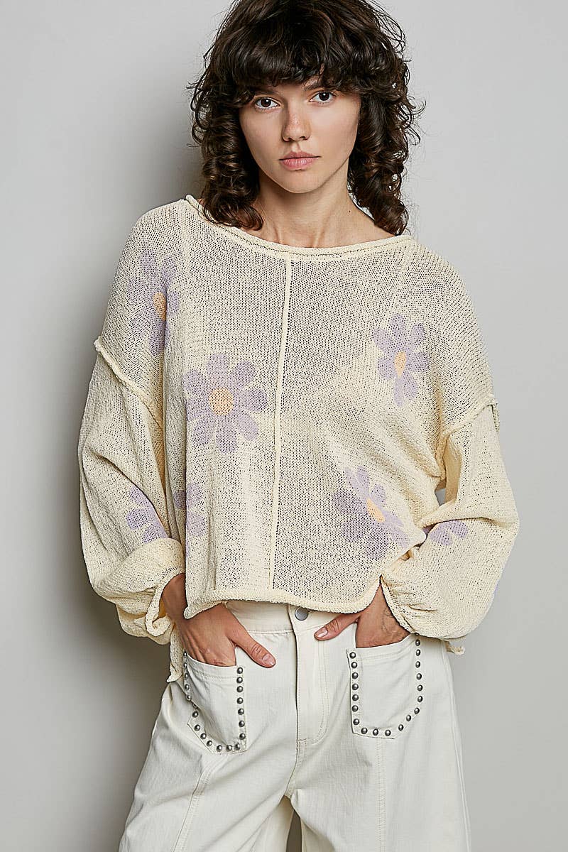 POL: Round Neck Balloon Sleeve Floral Print Thin Sweater