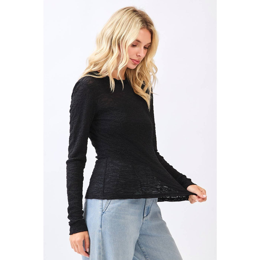 MITTOSHOP: LACE LONG SLEEVE RUFFLE NECK LAYERING TOP