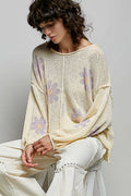 Cream lightweight sweater with lavender floral print, round neckline and balloon sleeves
