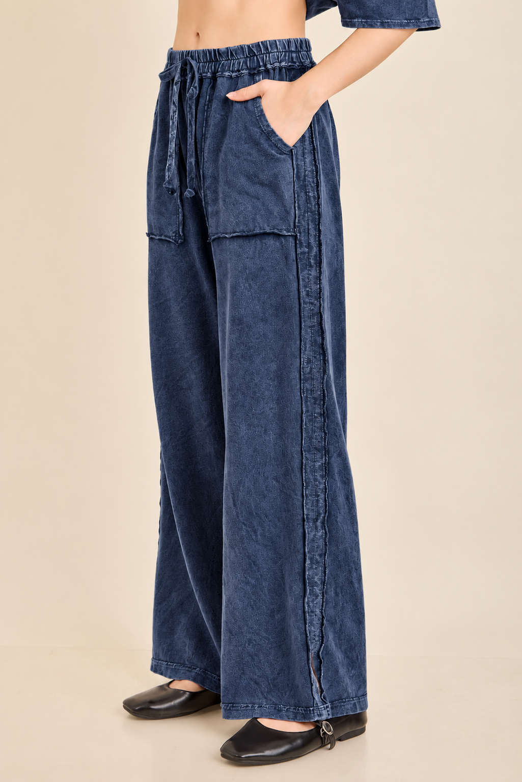 J.Her: Mineral Washed Solid Wide leg pants with open slit