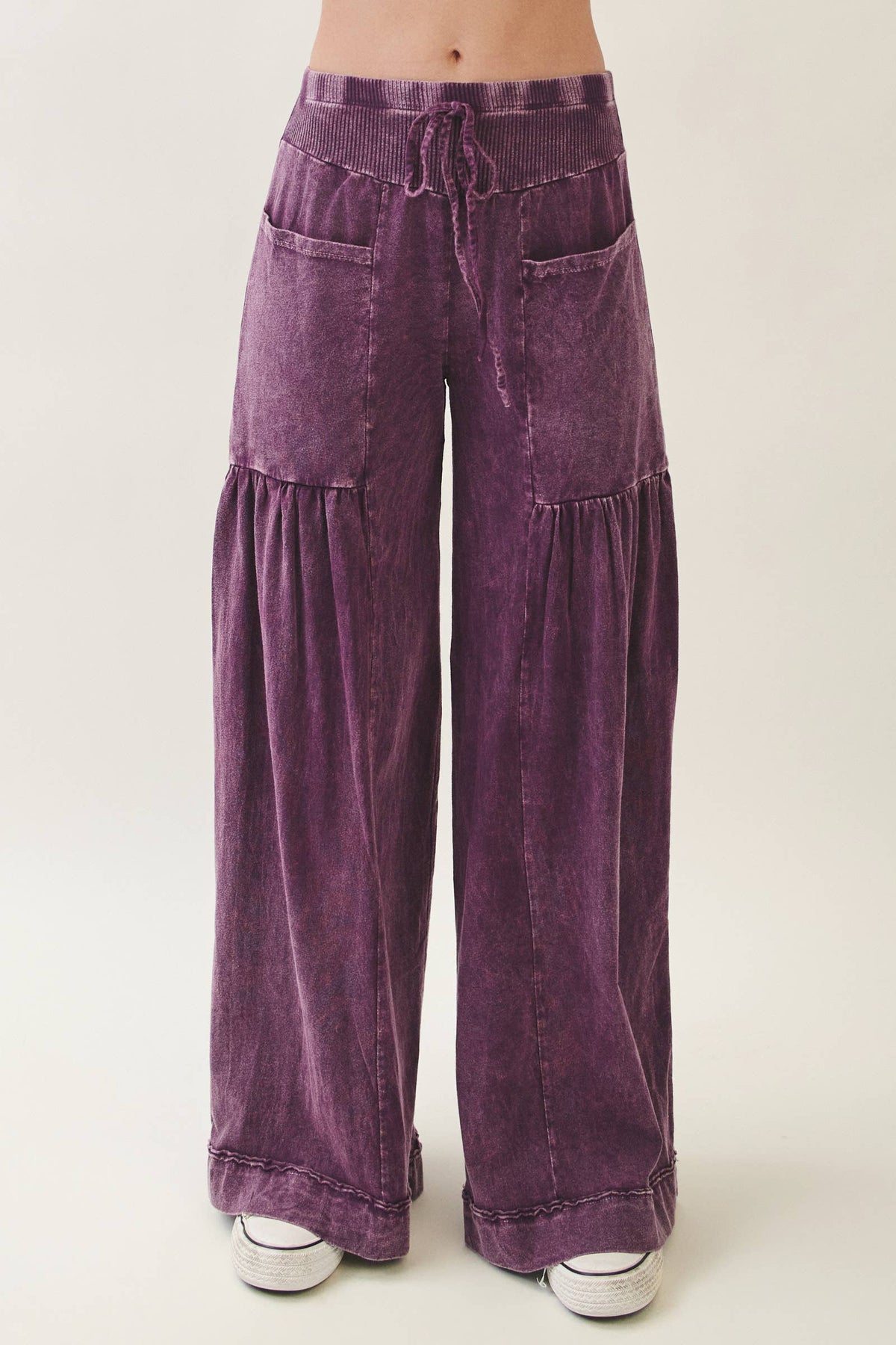 Eggplant J.Her mineral washed wide-leg cropped pants with drawstring waistband, front patch pockets, and gathered leg details.