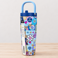 Life is Good Corkcicle Go Cup XL water bottle with colorful floral and positive message design, navy lid, and blue handle.