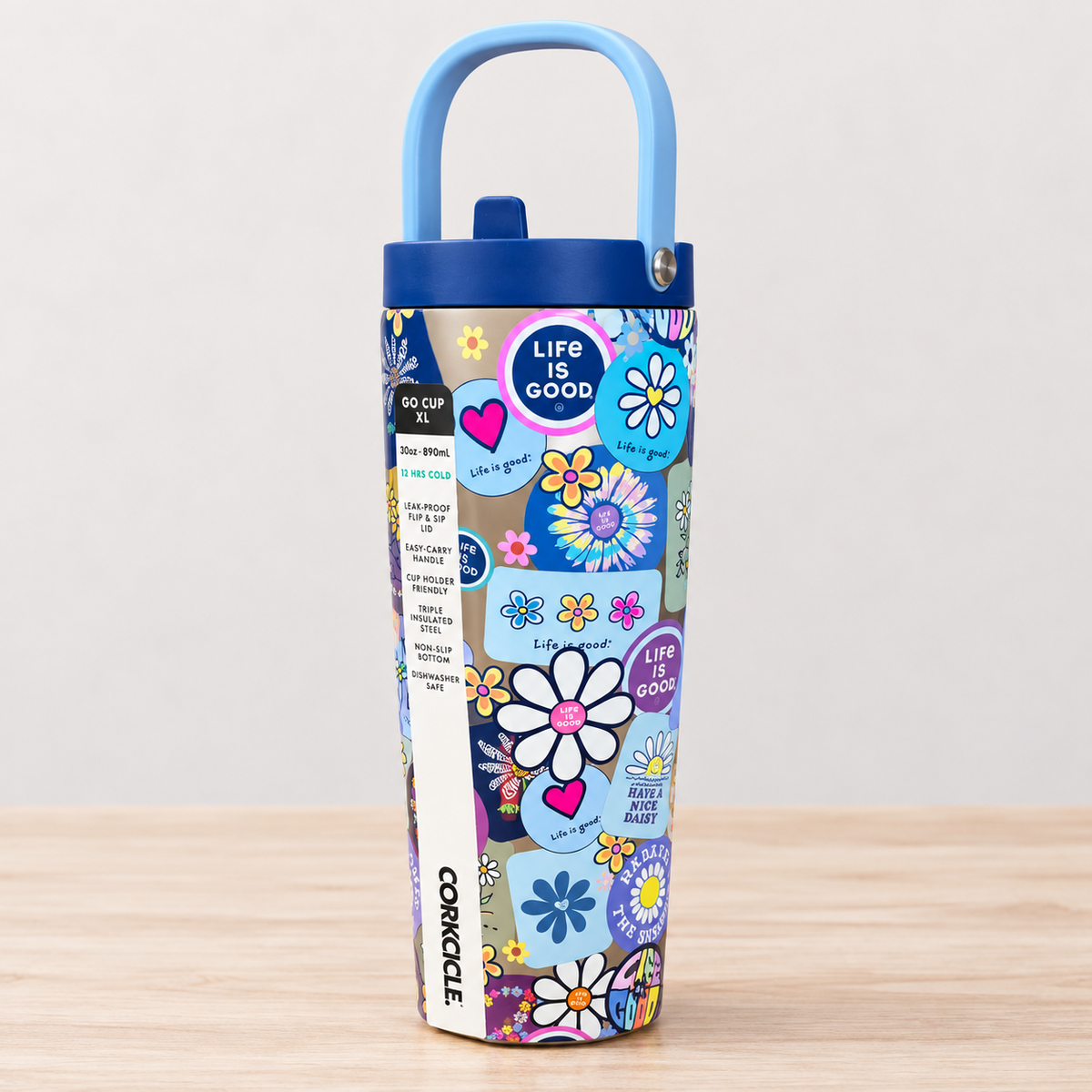 Life is Good Corkcicle Go Cup XL water bottle with colorful floral and positive message design, navy lid, and blue handle.