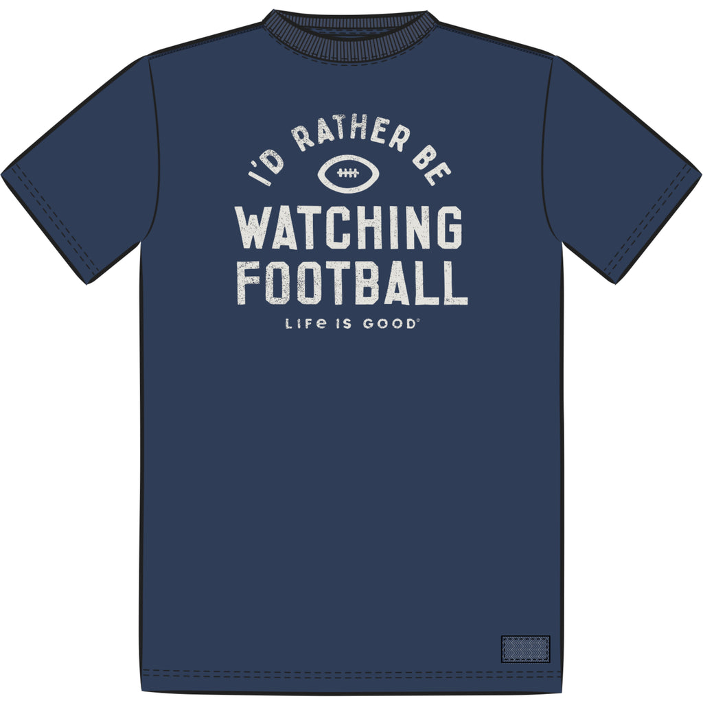 Life is Good I’d Rather Be Watching Football graphic in cream on a Darkest Blue background.