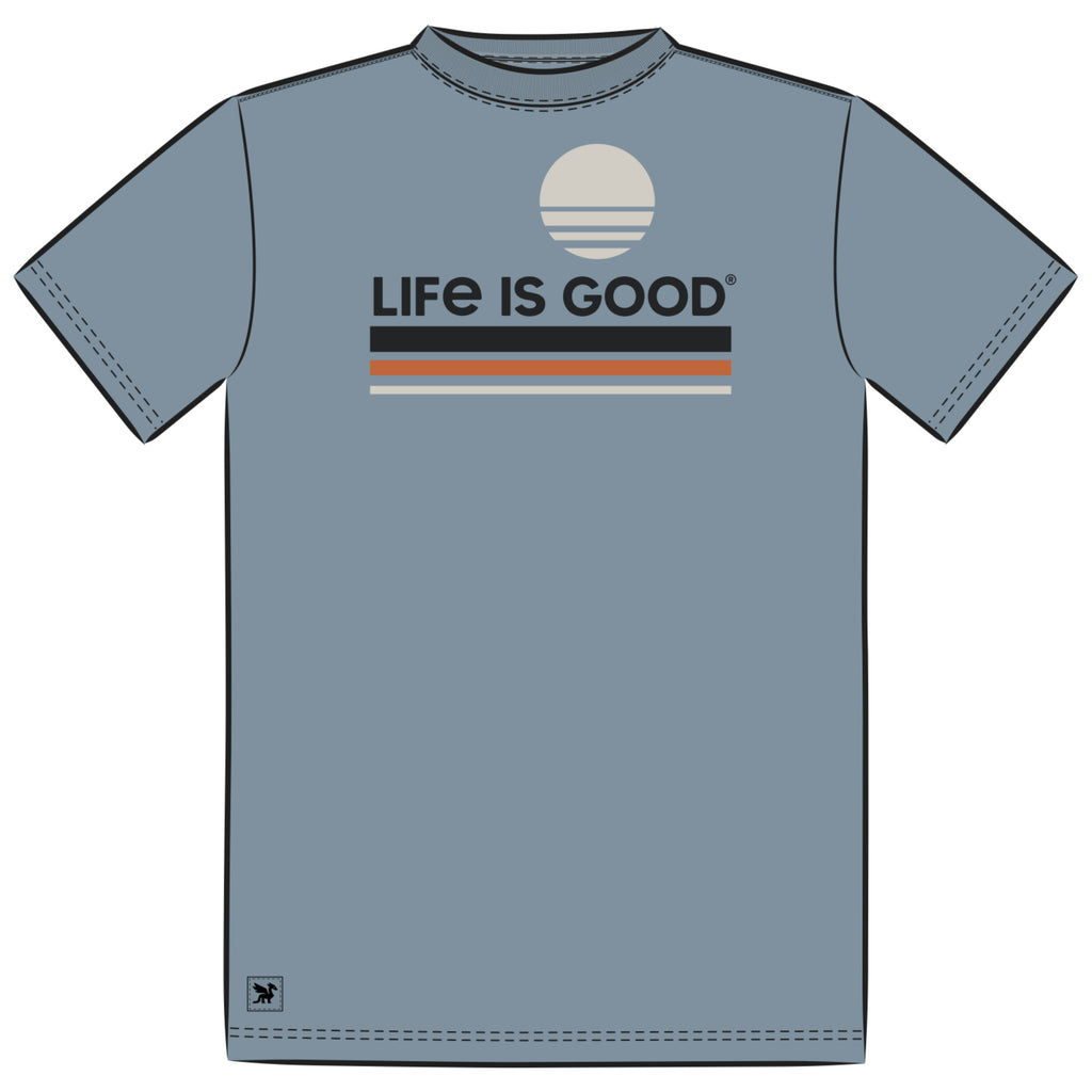 Life is Good men’s blue Sun Is Good short sleeve Crusher tee with sun and striped logo graphic.