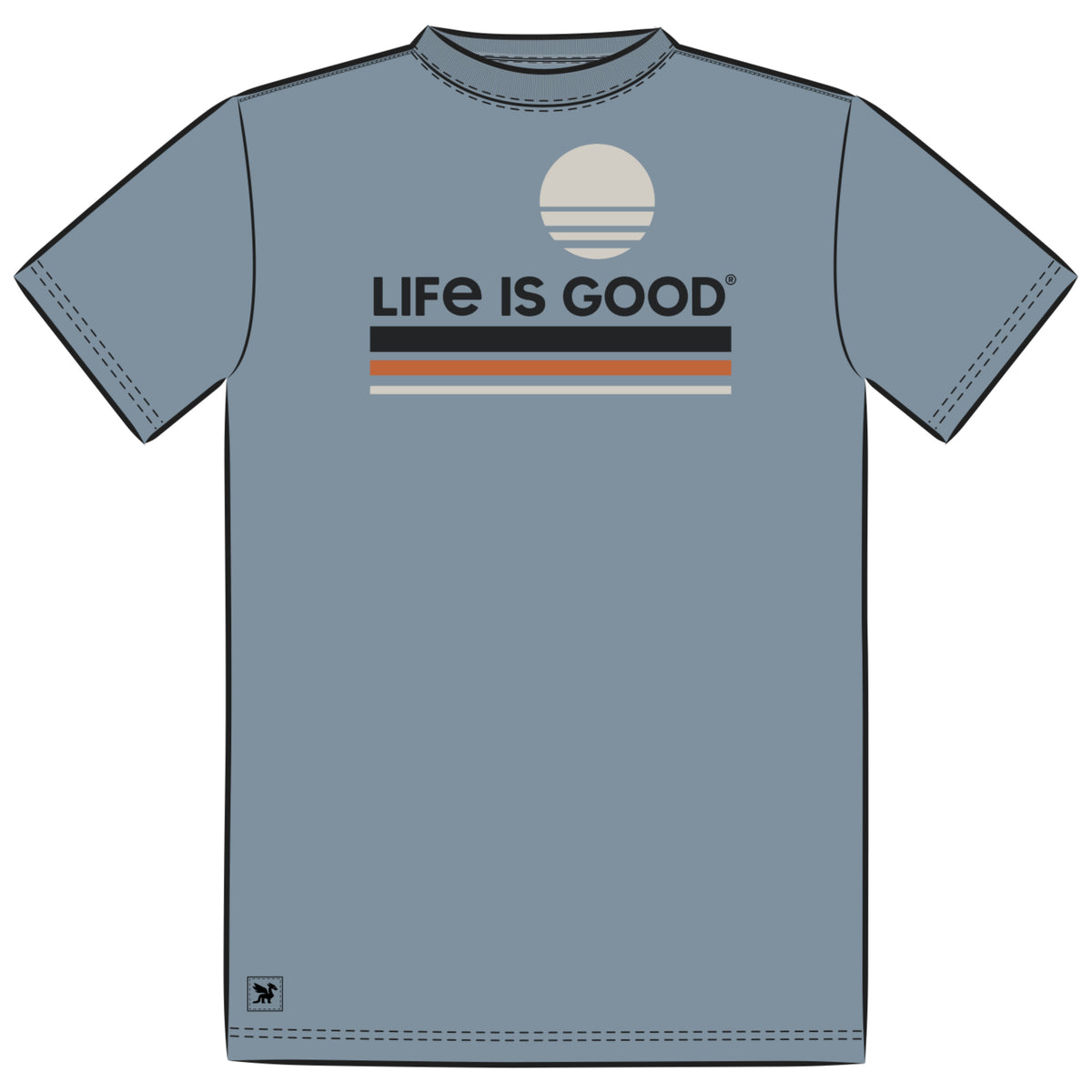Life is Good men’s blue Sun Is Good short sleeve Crusher tee with sun and striped logo graphic.