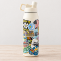 Life is Good ivory water bottle with colorful sticker collage on a neutral background.