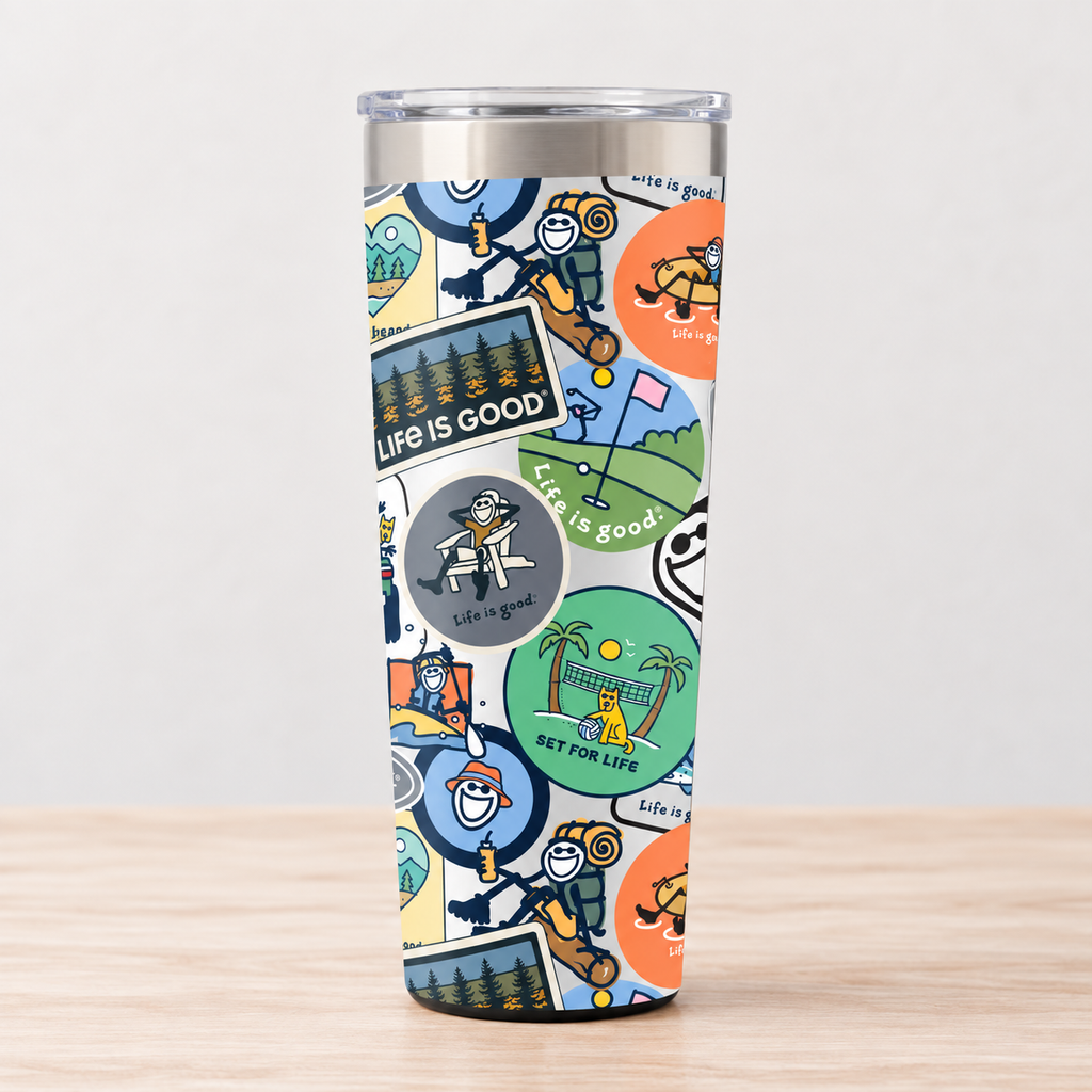 Life is Good Vintage Sticker Collage 16 oz Corkcicle stainless steel tumbler with colorful outdoor-inspired graphics.