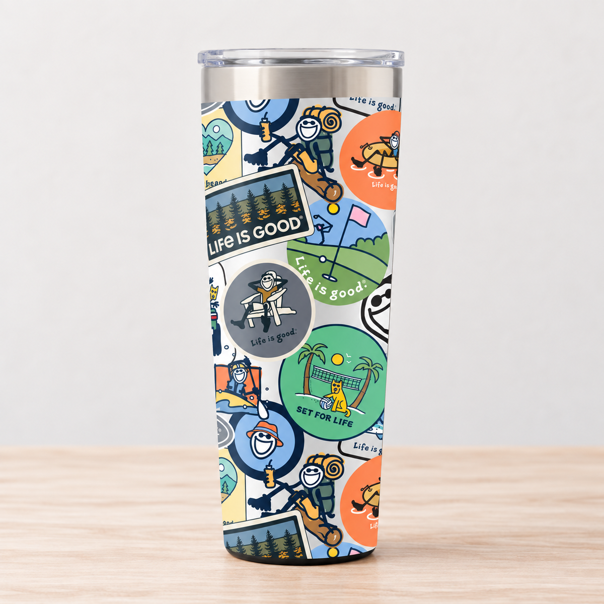 Life is Good Vintage Sticker Collage 16 oz Corkcicle stainless steel tumbler with colorful outdoor-inspired graphics.