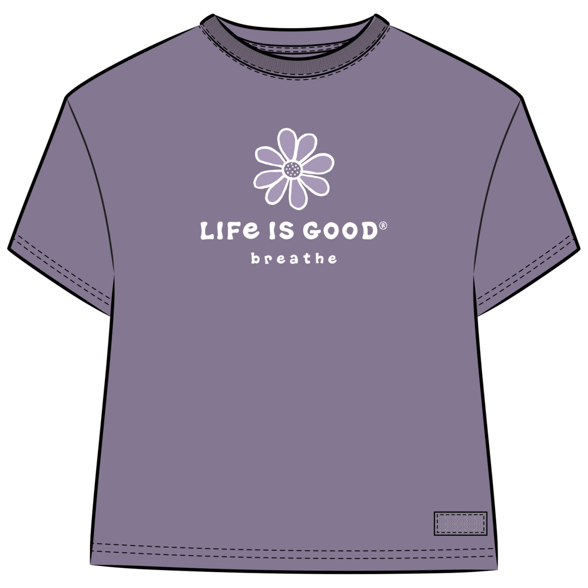 Life is Good women’s Fresh Daisy Breathe Crusher tee in dusk purple with white daisy graphic.