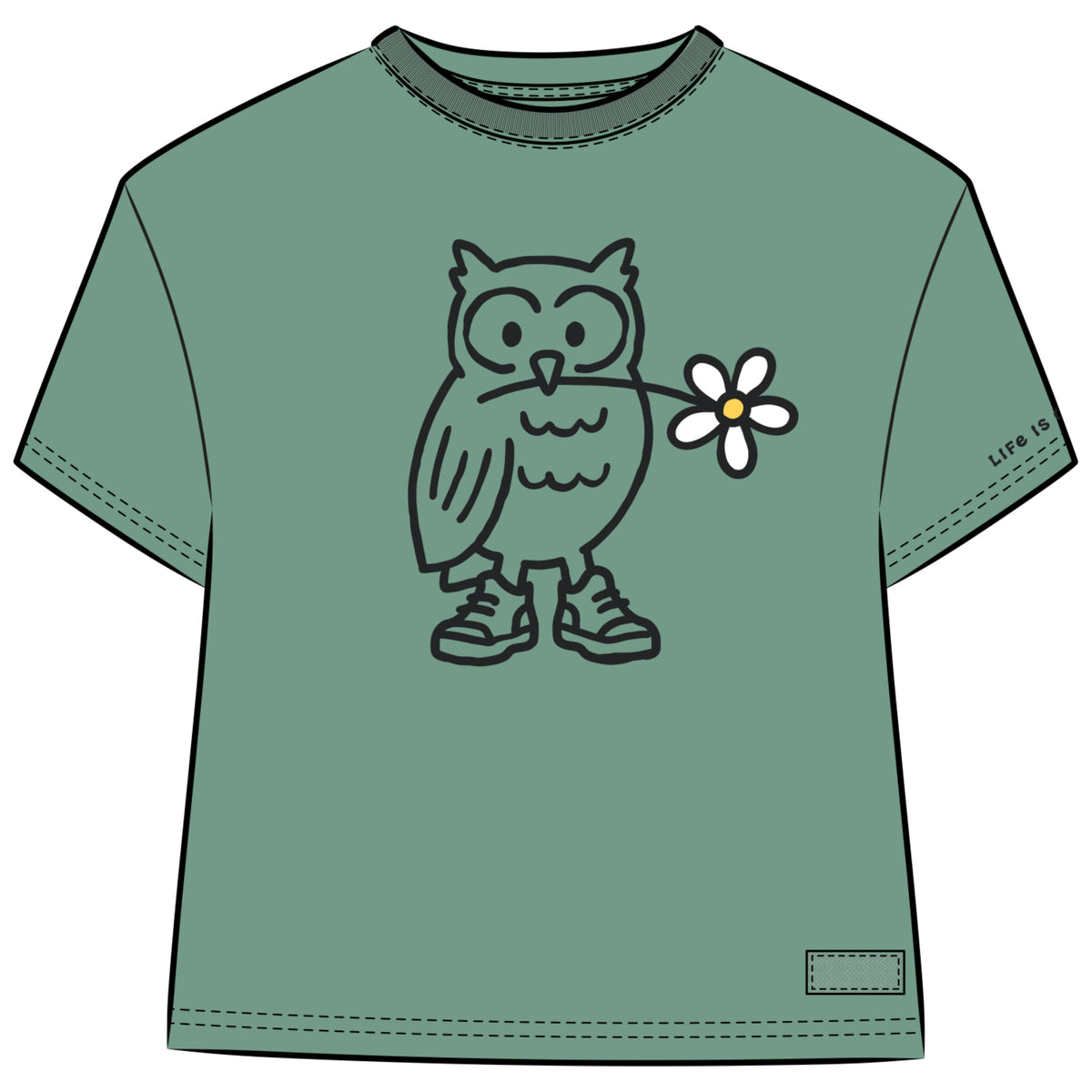 Life is Good women’s green tee with owl holding a daisy graphic.