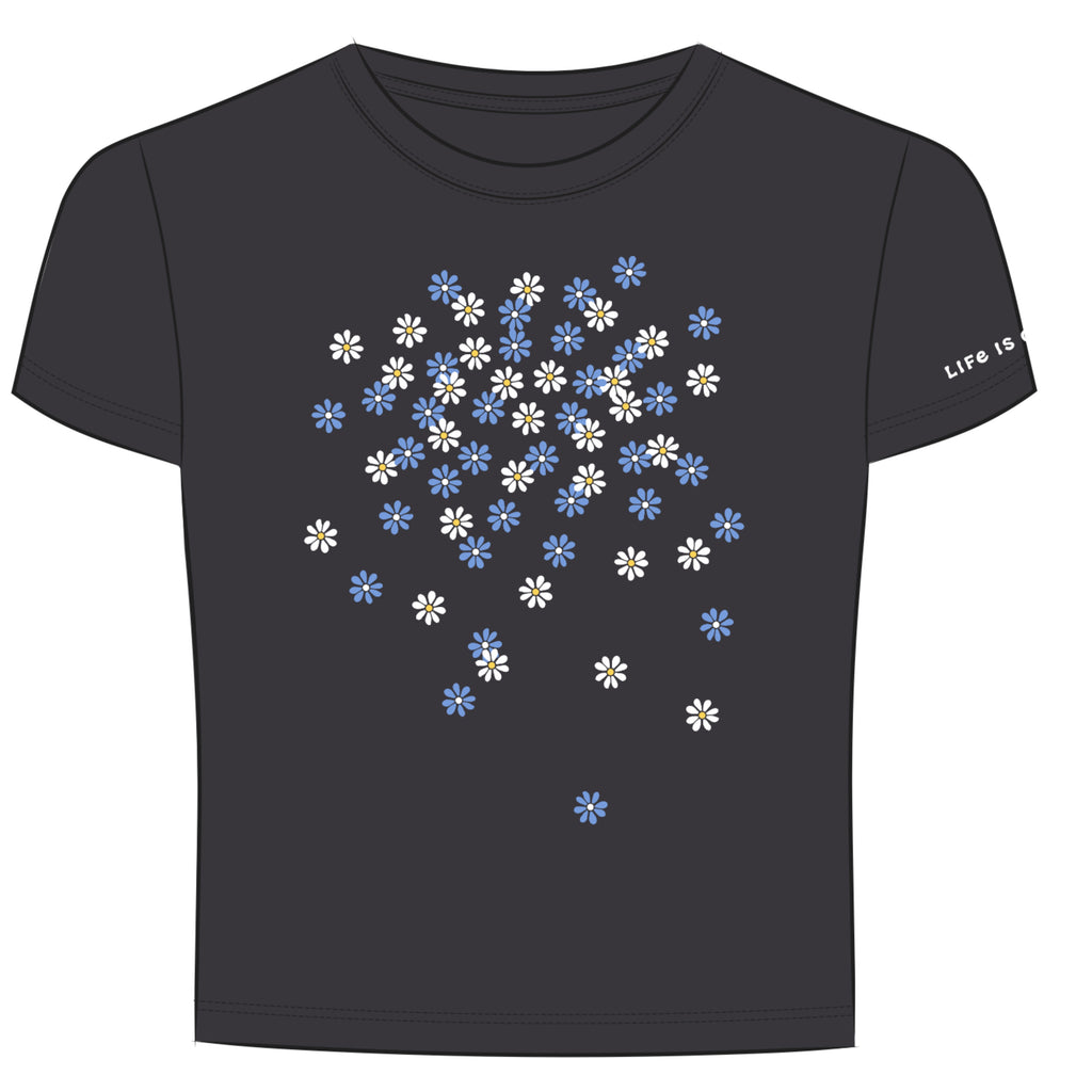 Life is Good women’s Scattered Fresh Daisies tee in faded black, manufacturer product illustration showing blue and white daisy design.