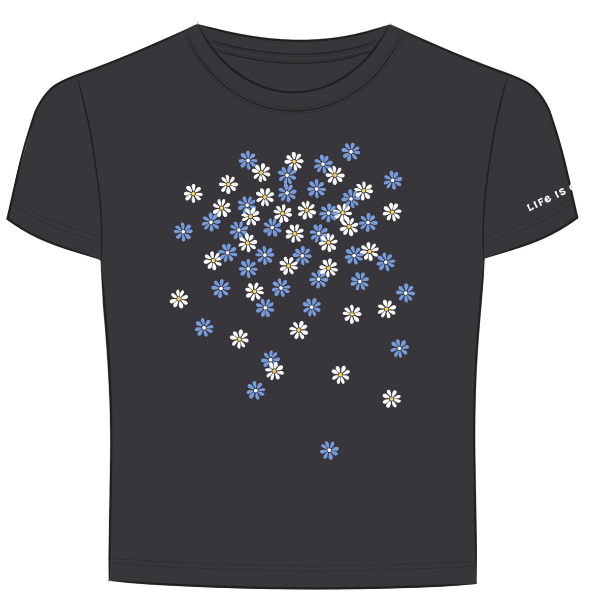 Life is Good women’s Scattered Fresh Daisies tee in faded black, manufacturer product illustration showing blue and white daisy design.