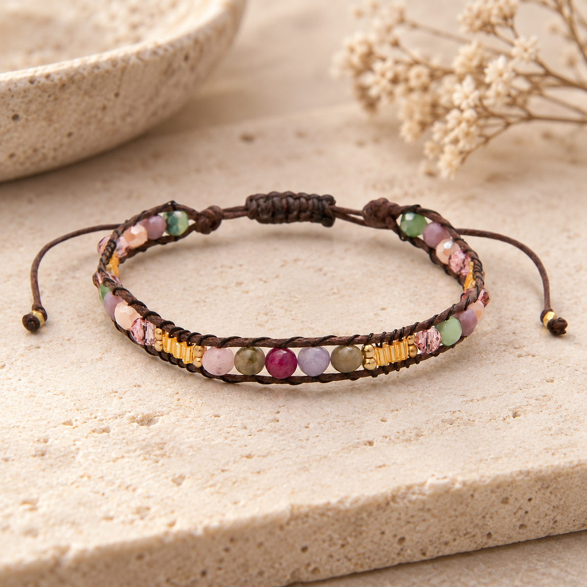Lotus and Luna Autumn Glow bracelet with multicolor stone beads and gold accents displayed on a neutral stone surface.