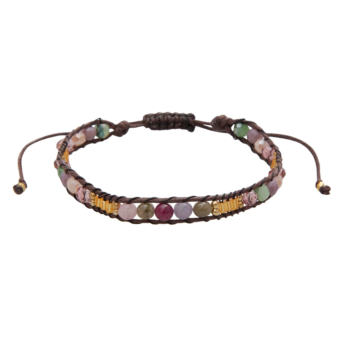 Lotus and Luna Autumn Glow bracelet with multicolored semi-precious stones, gold-tone accents and adjustable brown cord