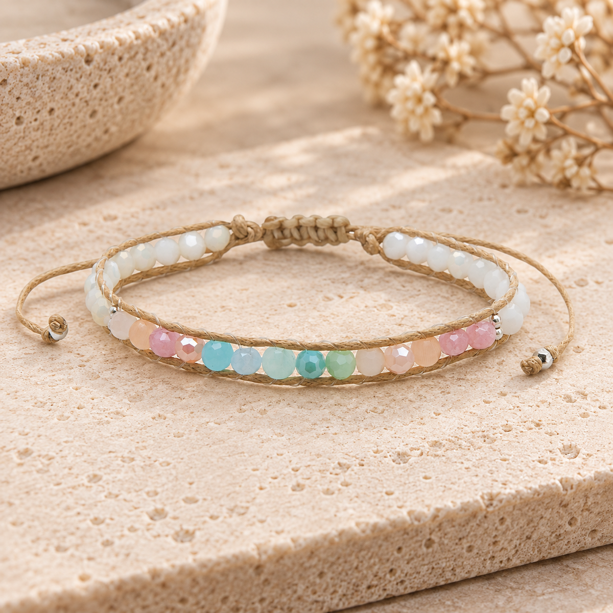 Lotus and Luna Coconut Crush bracelet with pastel multicolor and white beads on tan adjustable cord, displayed on a neutral stone surface.