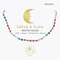 Lotus and Luna Master Healer necklace with Jade, Jasper, Amazonite, and Quartz gemstone beads.