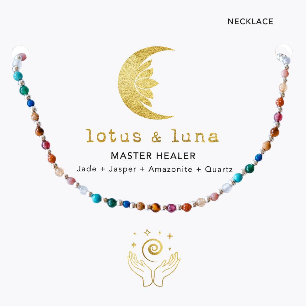 Lotus and Luna Master Healer necklace with Jade, Jasper, Amazonite, and Quartz gemstone beads.