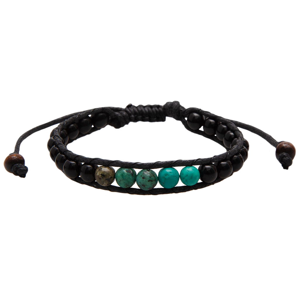 Lotus and Luna Men’s Ocean Protector bracelet with black and turquoise semi-precious stones on an adjustable black cord